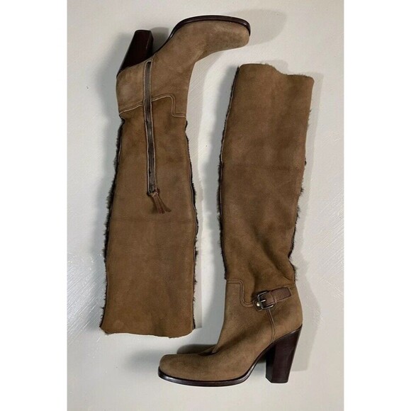 PRADA MIU MIU Brown Suede & Shearling Lining Tall Winter Heel Boots Women Sz 36 - Picture 2 of 10